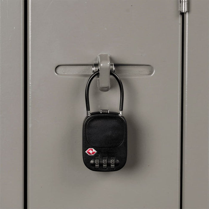 Atlas TSA Lock - A black TSA lock secured to a grey locker, featuring a combination dial and a small logo.