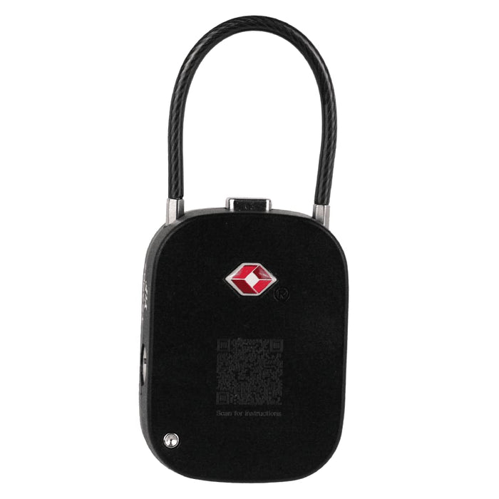 Atlas TSA Lock - A black TSA lock with a metal shackle and a logo on the front.