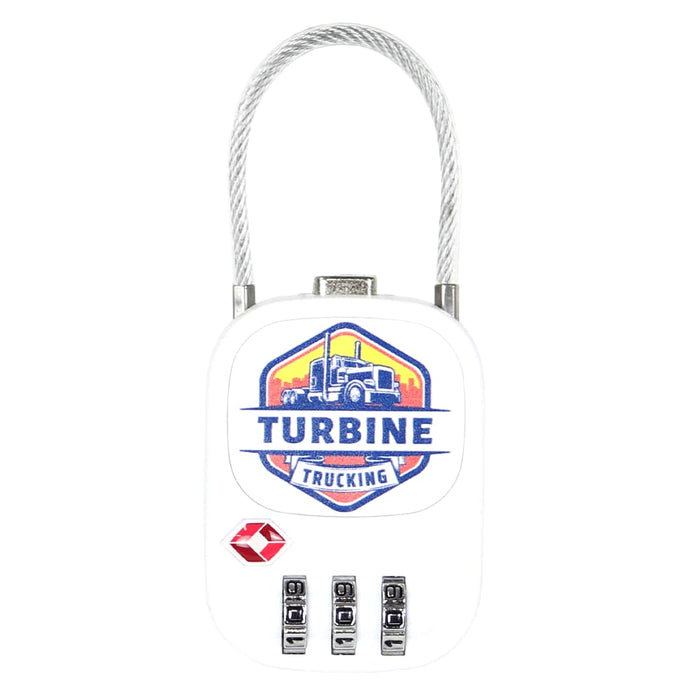 Atlas TSA Lock - A white TSA lock with a cable and a colourful logo featuring a truck and text.