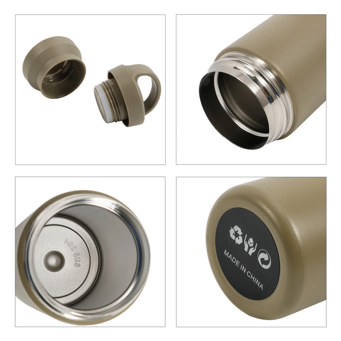 350ML/500ML Double Wall Stainless Steel Drink Bottle with Handle - A drink bottle in matte khaki with a stainless steel interior and a handle. Features a screw-on lid and a logo on the base.