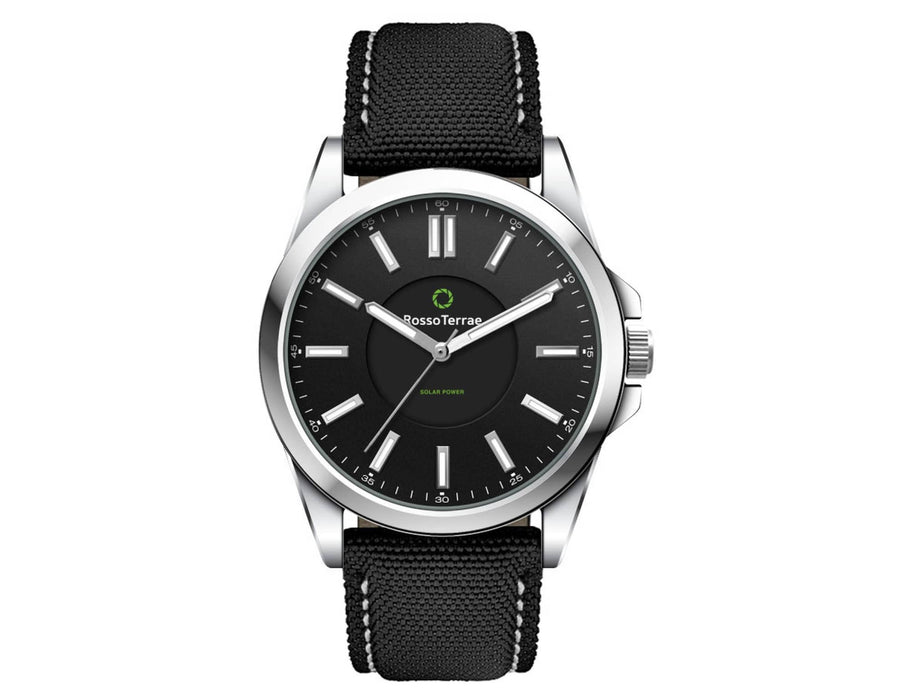 Solar Unisex Watch, rPET Strap - A black solar unisex watch featuring a sleek black face and a rPET strap, with a silver stainless steel case.