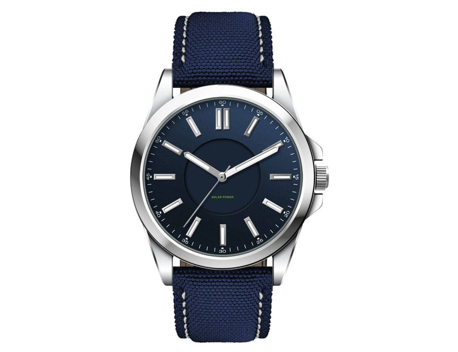 Solar Unisex Watch, rPET Strap - A unisex solar watch featuring a navy blue face and rPET strap, with a silver stainless steel case and a logo.