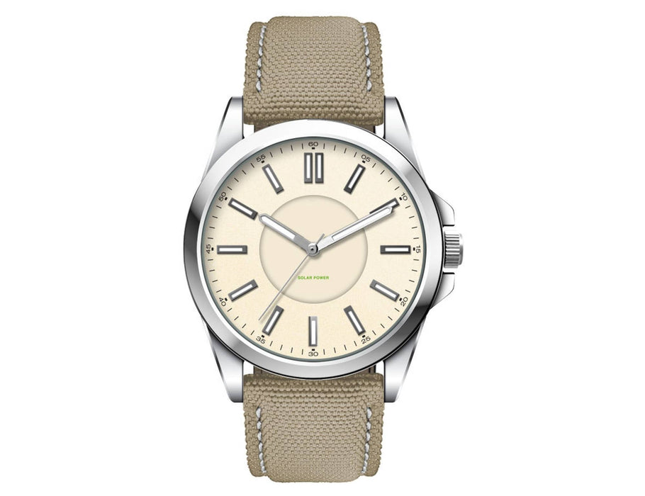 Solar Unisex Watch, rPET Strap - A unisex solar watch featuring a cream face and a khaki rPET strap, with a silver-tone metal case.
