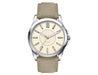 Solar Unisex Watch, rPET Strap - A unisex solar watch featuring a cream face and a khaki rPET strap, with a silver-tone metal case.