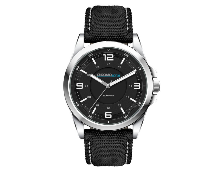 Solar Unisex Watch, rPET Strap - A solar-powered unisex watch with a black face and a black rPET strap, featuring a silver metal case and logo.