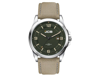 Casual Unisex Watch, rPET Strap - A casual unisex watch featuring a green dial and a light brown rPET strap, with a silver-tone case and logo.