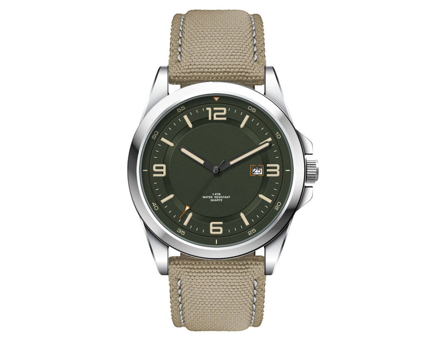 Casual Unisex Watch, rPET Strap - A casual unisex watch featuring a green dial, silver case, and a beige rPET strap, with a logo on the dial.