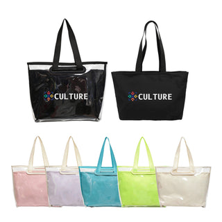 Tote Bag With Detachable PVC Cover - A black and a black tote bag with a detachable PVC cover, alongside tote bags in pink, lavender, blue, green, and clear.