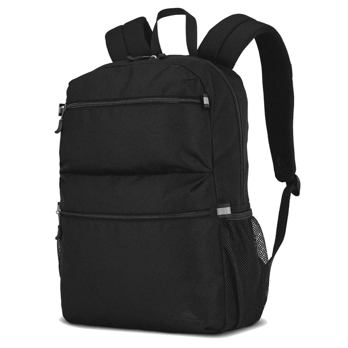 High Sierra Everclass Backpack 24L - A black backpack with multiple compartments, featuring adjustable straps and a side mesh pocket. It has a logo on it.