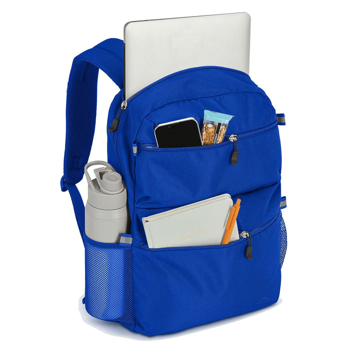 High Sierra Everclass Backpack 24L - A blue backpack features multiple pockets, a drink bottle, a laptop, and stationery, with a logo on the front.