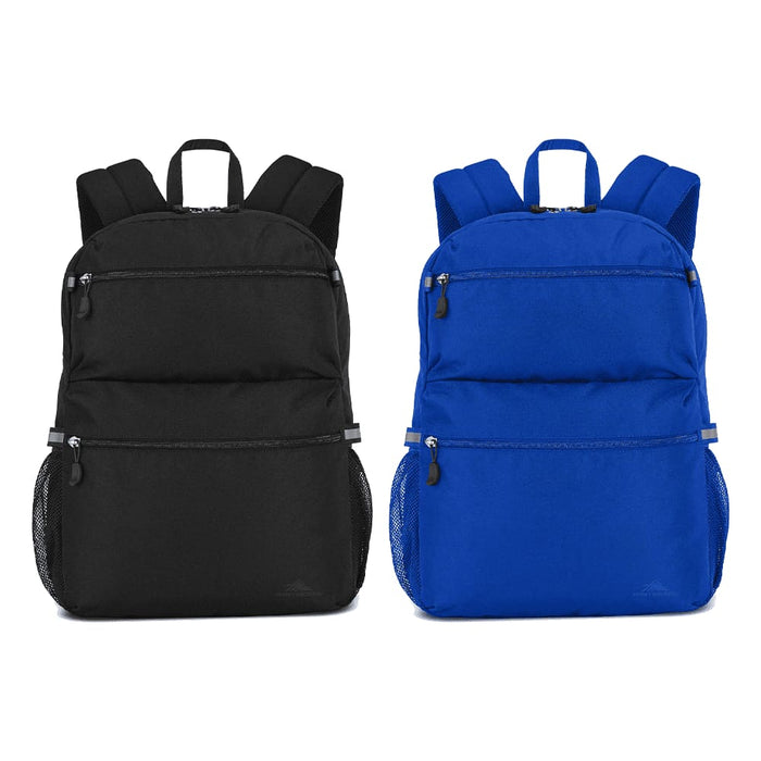 High Sierra Everclass Backpack 24L - Two backpacks are displayed: one in black and one in blue, featuring multiple zippered pockets and mesh side pockets.