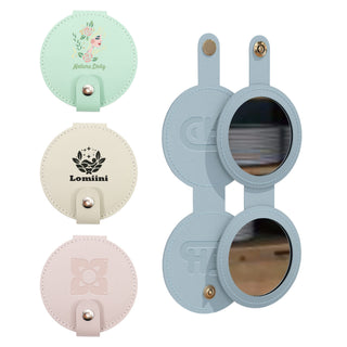 Round Folding Pocket Mirror - A round folding pocket mirror in pastel colours, featuring a logo on one side and mirrors on both sides.