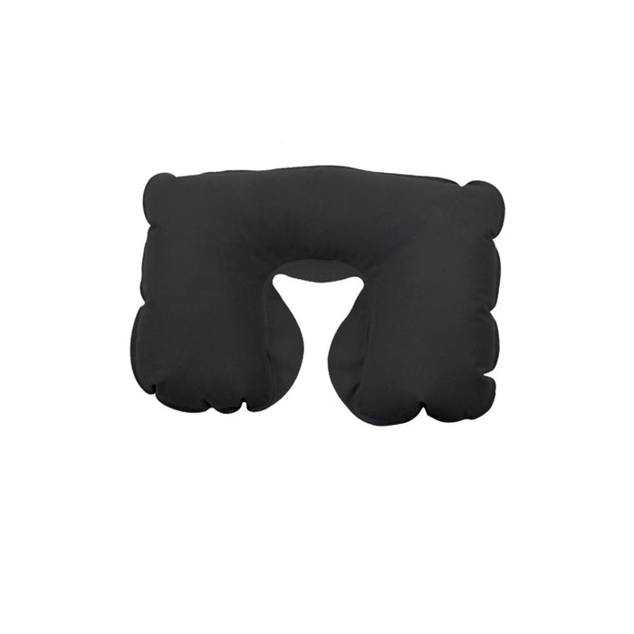 Inflatable travel Pillow - A black inflatable travel pillow with a U-shaped design for neck support. It features a smooth surface and rounded edges.