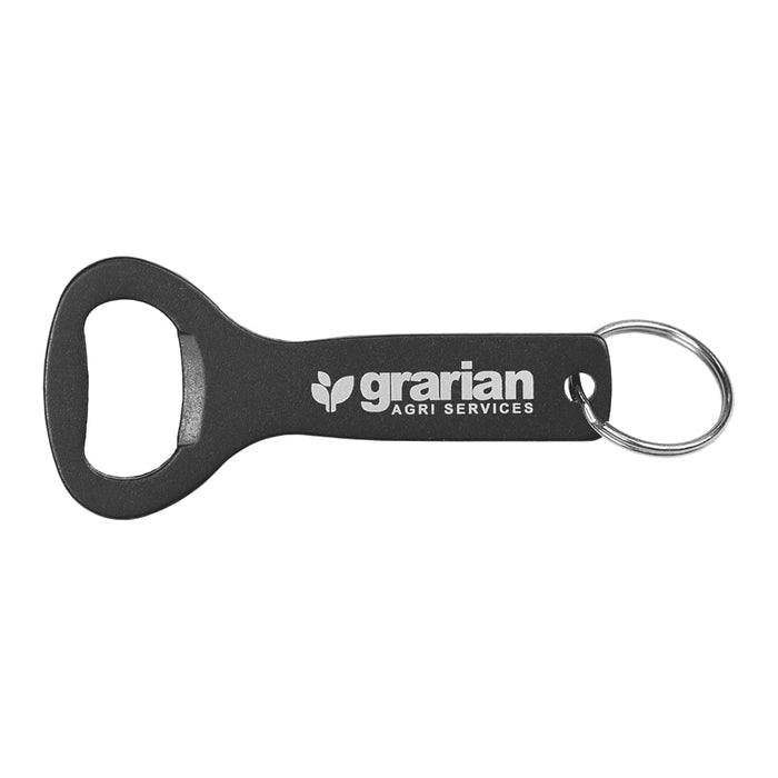 Aluminium Bottle Opener Key Ring - A drink bottle opener key ring in black with a metallic opener, featuring a logo on the handle.