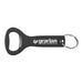 Aluminium Bottle Opener Key Ring - A drink bottle opener key ring in black with a metallic opener, featuring a logo on the handle.