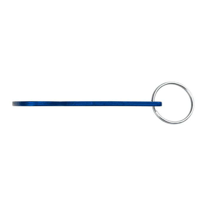 Aluminium Bottle Opener Key Ring - A drink bottle opener key ring in bright blue with a silver ring, featuring a logo.