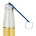 Aluminium Bottle Opener Key Ring - A drink bottle with a clear body, containing yellow liquid, and a blue aluminum bottle opener key ring attached.