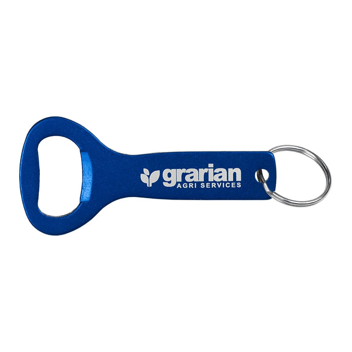 Aluminium Bottle Opener Key Ring - A drink bottle opener key ring in blue with a silver key ring and a logo on the handle.