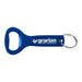 Aluminium Bottle Opener Key Ring - A drink bottle opener key ring in blue with a silver key ring and a logo on the handle.