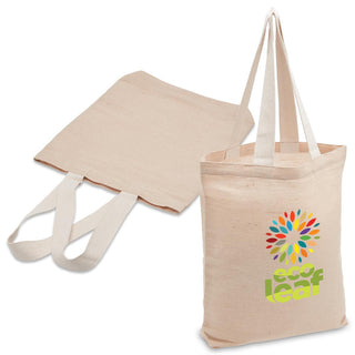 Premium Juco Tote - A natural-coloured tote bag with two handles and a logo on the front.