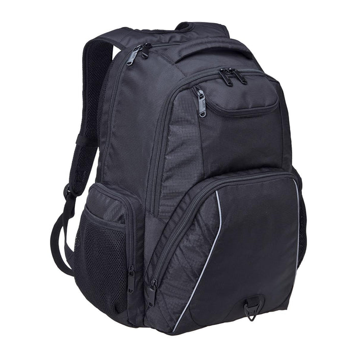 Fortress Laptop Backpack - A black laptop backpack featuring multiple compartments and a mesh side pocket. It has a logo on the front.