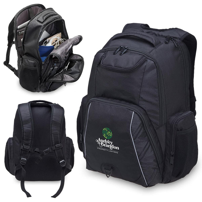 Fortress Laptop Backpack - A black laptop backpack featuring multiple compartments and pockets, including side mesh pockets and a logo.