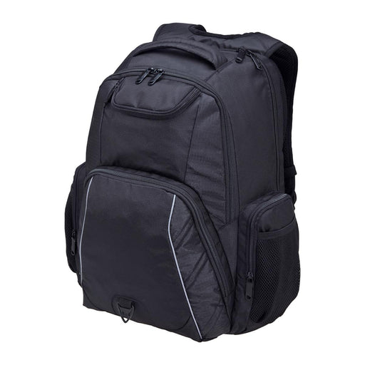 Fortress Laptop Backpack - A black laptop backpack with multiple pockets and zippers, featuring a sleek design and a subtle logo.