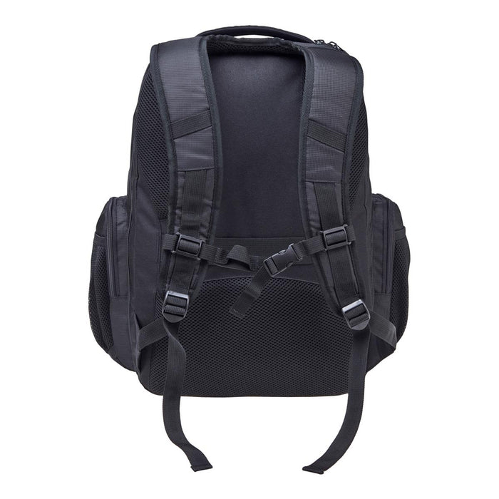 Fortress Laptop Backpack - A black laptop backpack with padded shoulder straps and mesh detailing, featuring multiple compartments and a logo.
