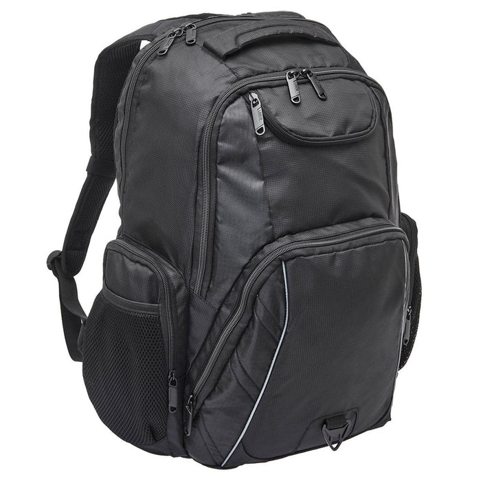 Fortress Laptop Backpack - A black laptop backpack featuring multiple compartments and pockets, designed for carrying laptops and accessories.
