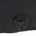 Fortress Laptop Backpack - A close-up of a black fabric section of a laptop backpack featuring a logo and a buckle attachment.