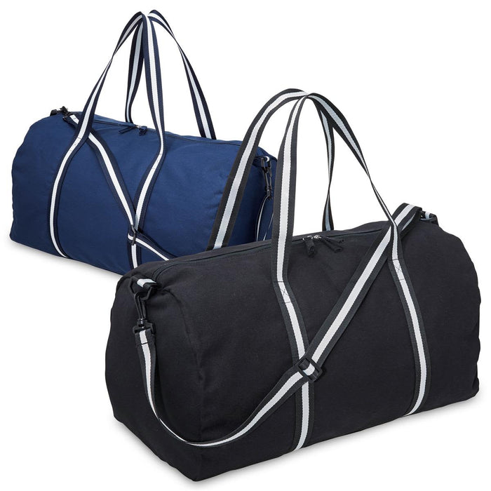 Canvas Duffle - A canvas duffle bag in black and one in navy blue, both featuring contrasting striped handles and a logo.