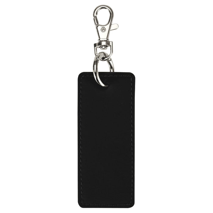 Resi Plus Rectangle Keychain - A black rectangle keychain with a metallic clip and ring, featuring a smooth finish and stitching details.