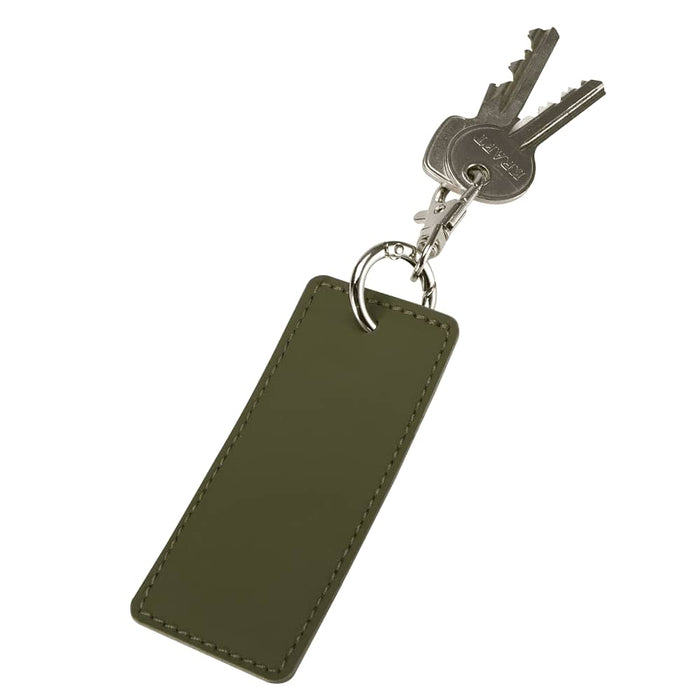 Resi Plus Rectangle Keychain - An olive green rectangular keychain attached to metal keys. The keychain has a simple design and includes a logo.
