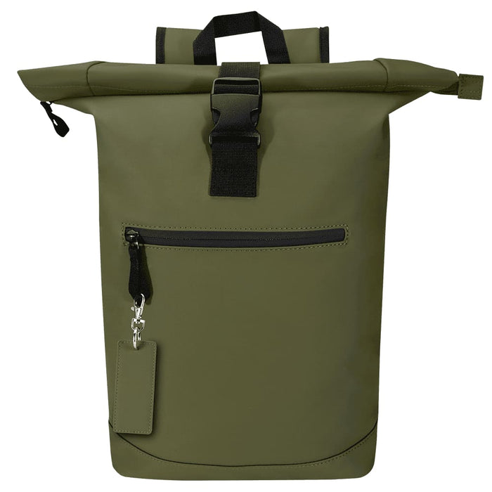 Resi Plus Rectangle Keychain - An olive green roll-top backpack with a front zip pocket and a detachable tag. It features a sturdy black clip closure.