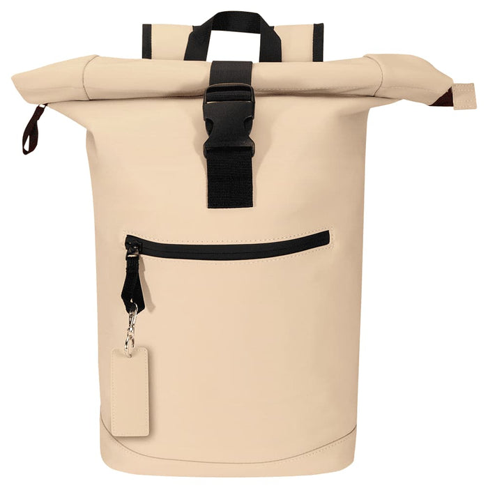 Resi Plus Rectangle Keychain - A beige roll-top backpack featuring a front zip pocket and a keychain attachment. It has a sturdy black strap.