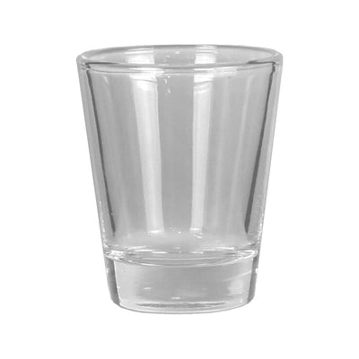 Shot Glass - A clear glass shot glass with a tapered design and a solid base.