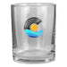 Rocks Glass - A clear rocks glass featuring a circular logo with waves and a sun design in blue and yellow.