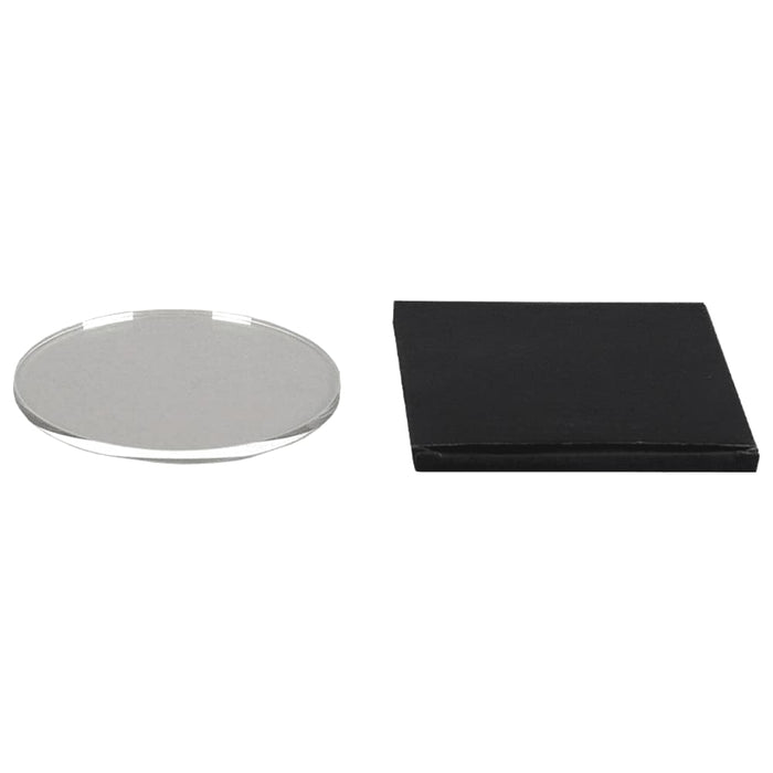 Round Glass Coaster - A round glass coaster with a clear surface and a black backing. It features a smooth, reflective finish.