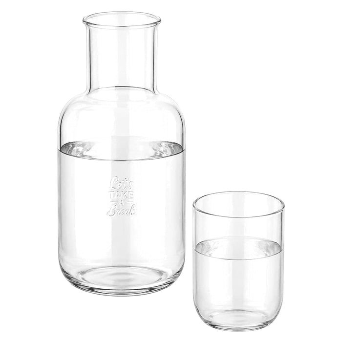 Amelie Glass Carafe & Cup Set 850ml - A glass carafe and matching cup set in clear glass, filled with water. The carafe features a logo.
