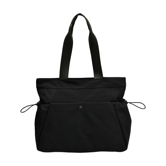 Lightweight Tote Bag With Yoga Mat Straps - A lightweight black tote bag with yoga mat straps and two front pockets. It has long handles for easy carrying.