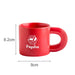 Laser Engraving Ceramic Coffee Mug - A red ceramic coffee mug with a unique handle design and a logo printed on the side. Dimensions are 8.2 cm high and 9 cm wide.