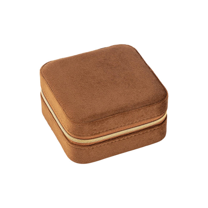 Velvet Jewellery Organizer - A velvet jewellery organiser in a square shape, featuring a soft brown finish and a gold zipper.