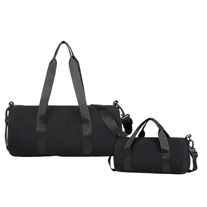 Bucket Duffle Bag With Wide Straps - A black bucket duffle bag with wide straps, featuring a larger bag and a smaller bag beside it. Both have a logo.
