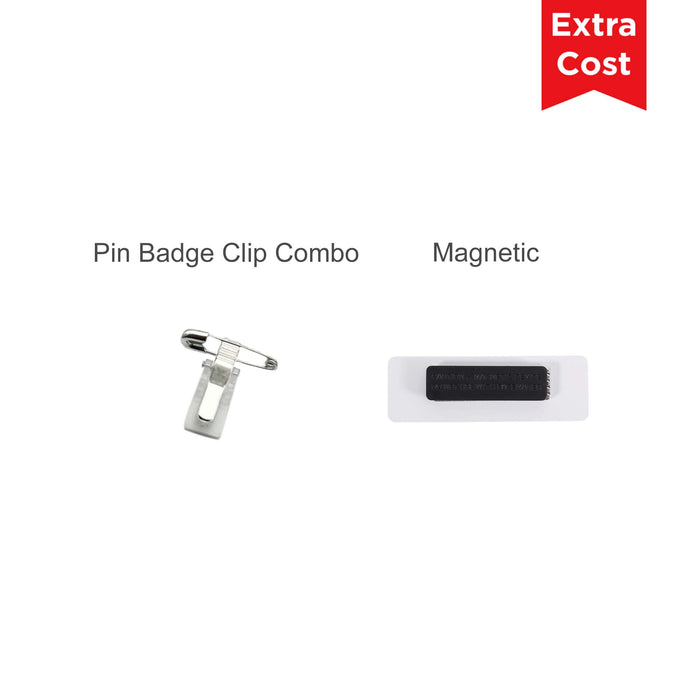 Reusable Metal Name Badge - A combination of pin badge clips and a magnetic attachment for name badges. The clips are silver and the magnet is white.