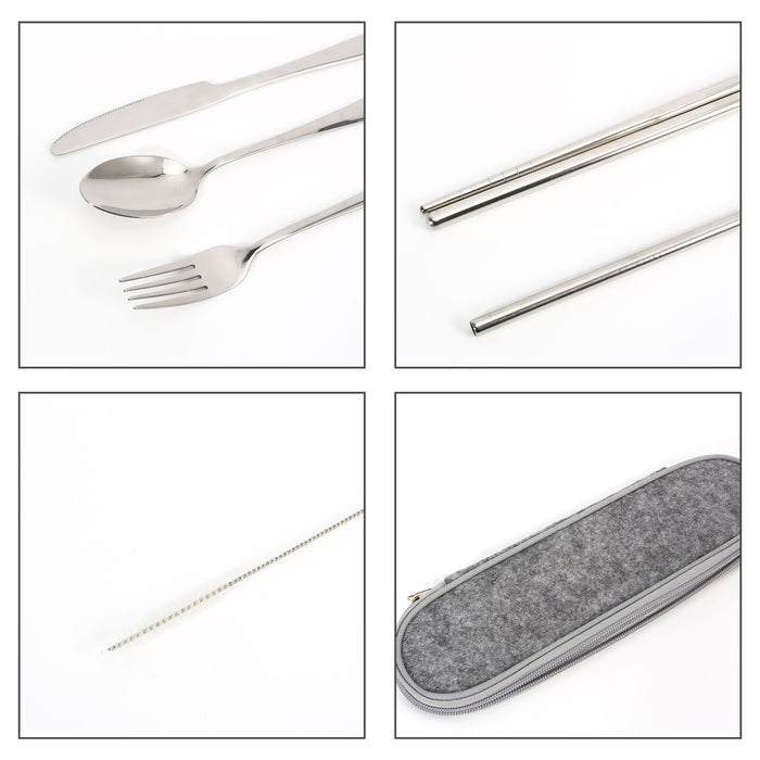Stainless Steel Flatware Set 7pcs - A stainless steel flatware set featuring a knife, spoon, fork, chopsticks, and a cleaning brush in a grey case.