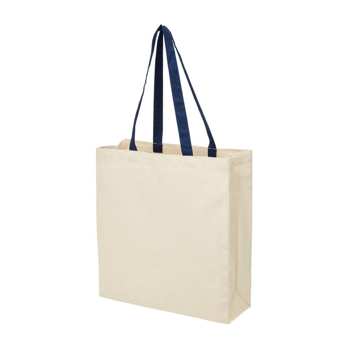 Heavy Duty Canvas Tote with Gusset - A heavy-duty canvas tote in natural colour with navy blue handles and a gusset for added capacity.