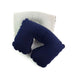 Inflatable travel Pillow - An inflatable travel pillow in navy blue and grey, featuring a contoured design for comfort. It has a logo.