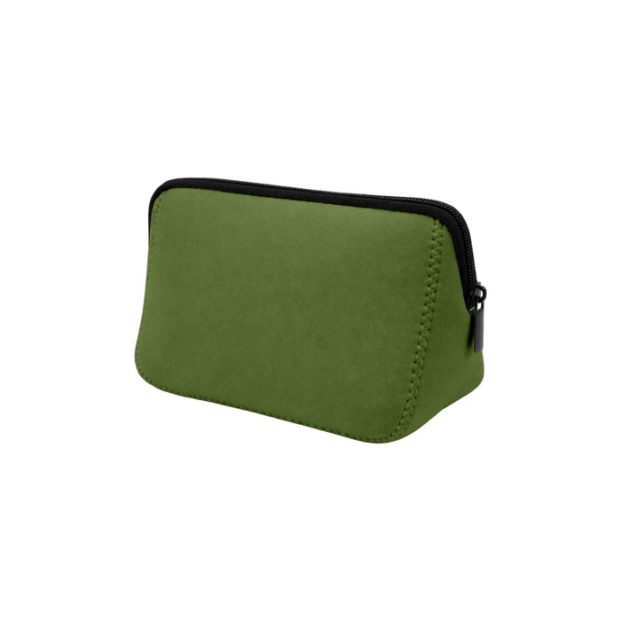 Neoprene Cosmetic Bag - A green neoprene cosmetic bag with a black zip and stitched detailing. It has a simple, streamlined design.
