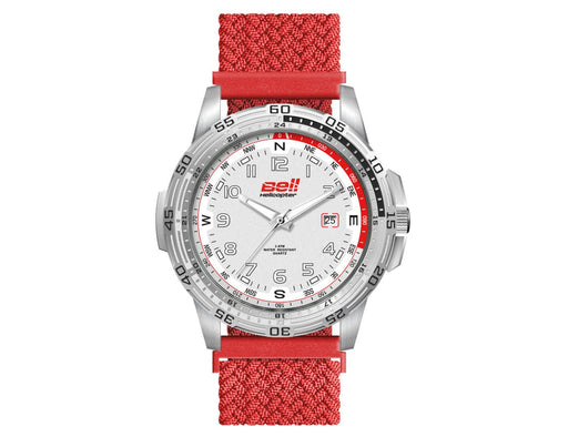 Sports Watch, Nylon Strap - A sports watch with a white dial, silver case, and red nylon strap, featuring a logo on the face.