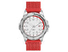 Sports Watch, Nylon Strap - A sports watch with a silver face and a bright red nylon strap, featuring a logo on the side.